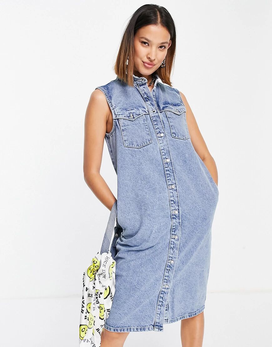 Noisy May organic cotton blend sleeveless denim midi dress in mid blue wash  Blue