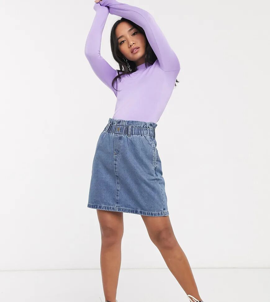 Noisy May Petite denim paperbag mini skirt in mid blue  Blue