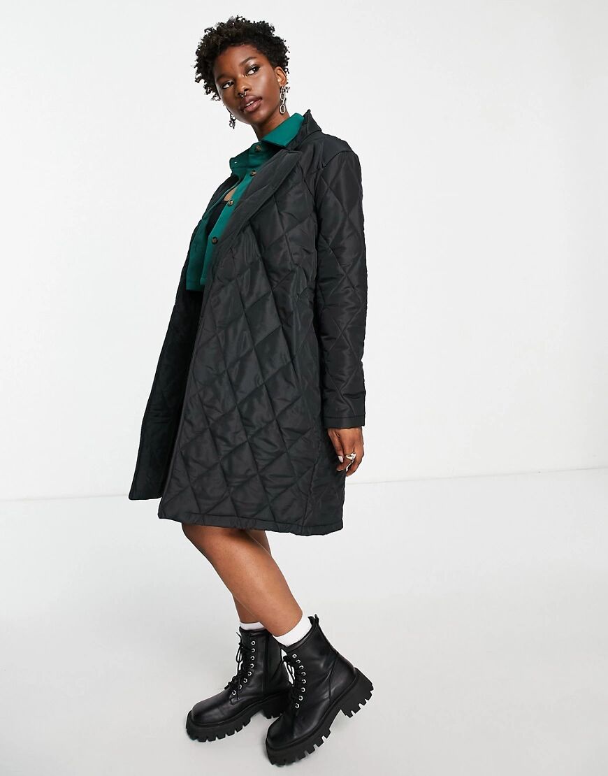 Noisy May quilted midi belted coat in black  Black