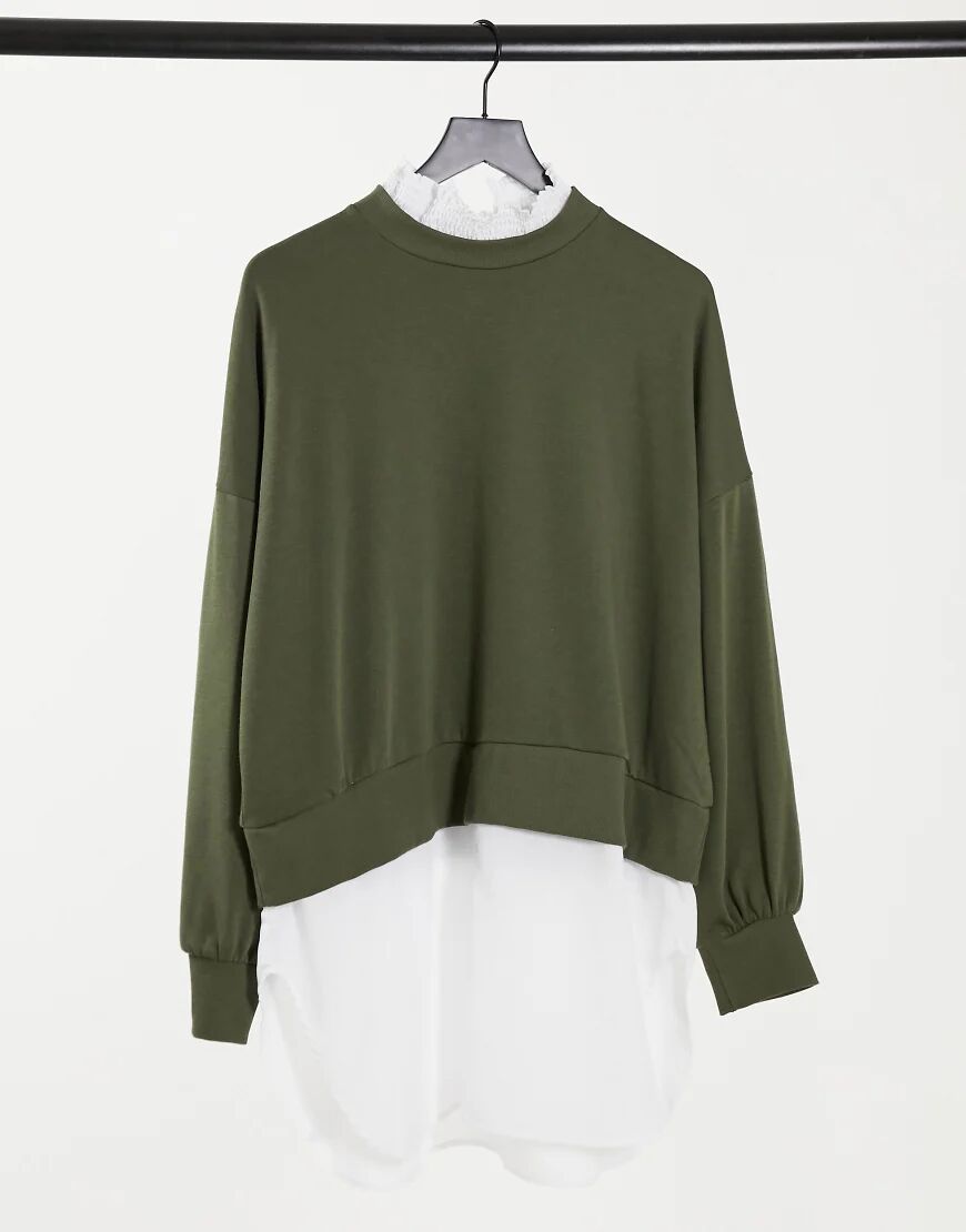 Noisy May sweater with shirt trims in khaki-Green  Green