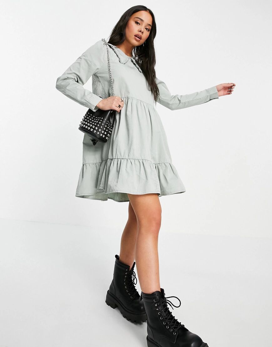 Noisy May tiered smock dress with prairie collar in slate grey  Grey