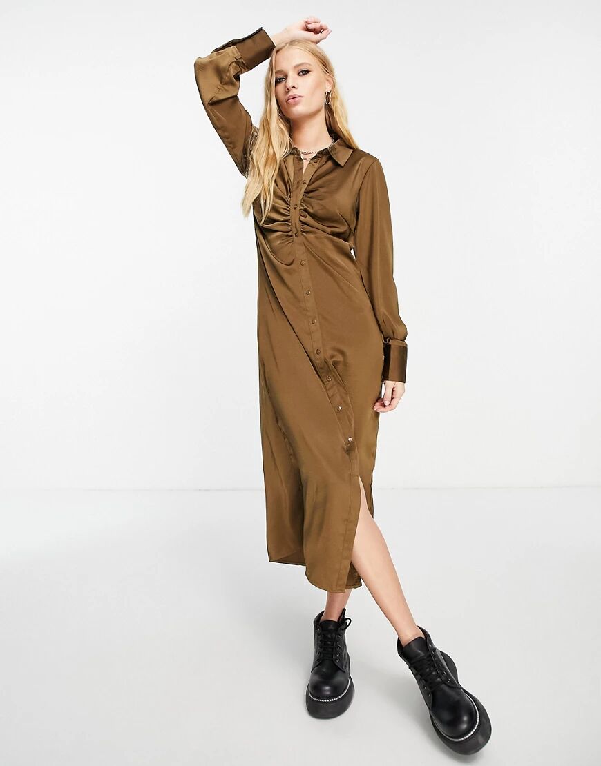 Object long sleeve ruched satin midi dress in chocolate brown  Brown