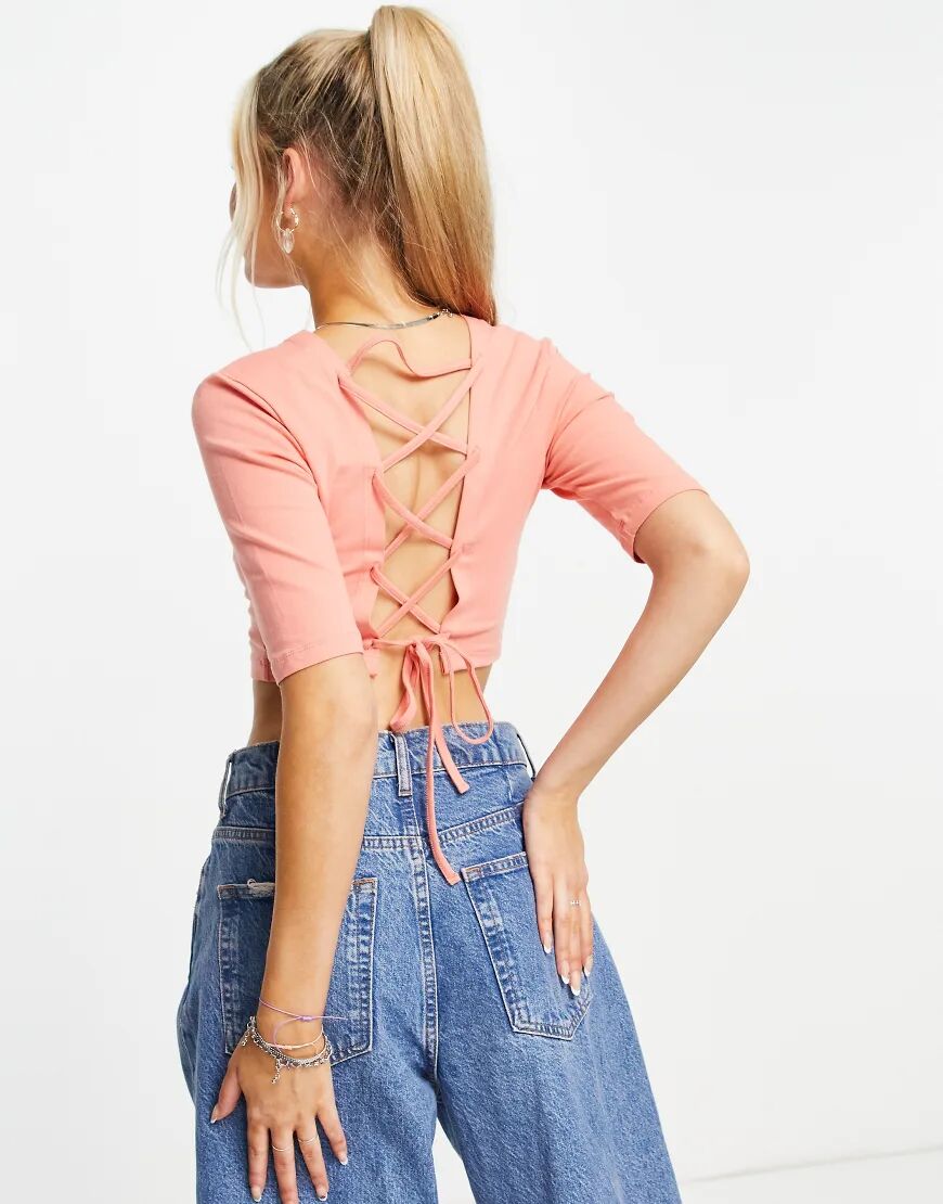 Only cropped jersey top with cut out lace up back in coral-Pink  Pink