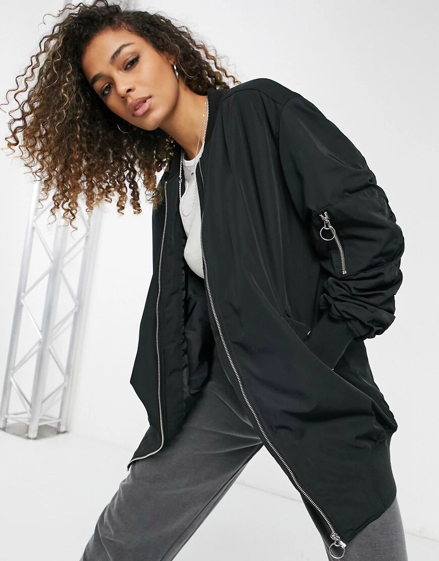 Only longline bomber jacket with ruched sleeves in black  Black