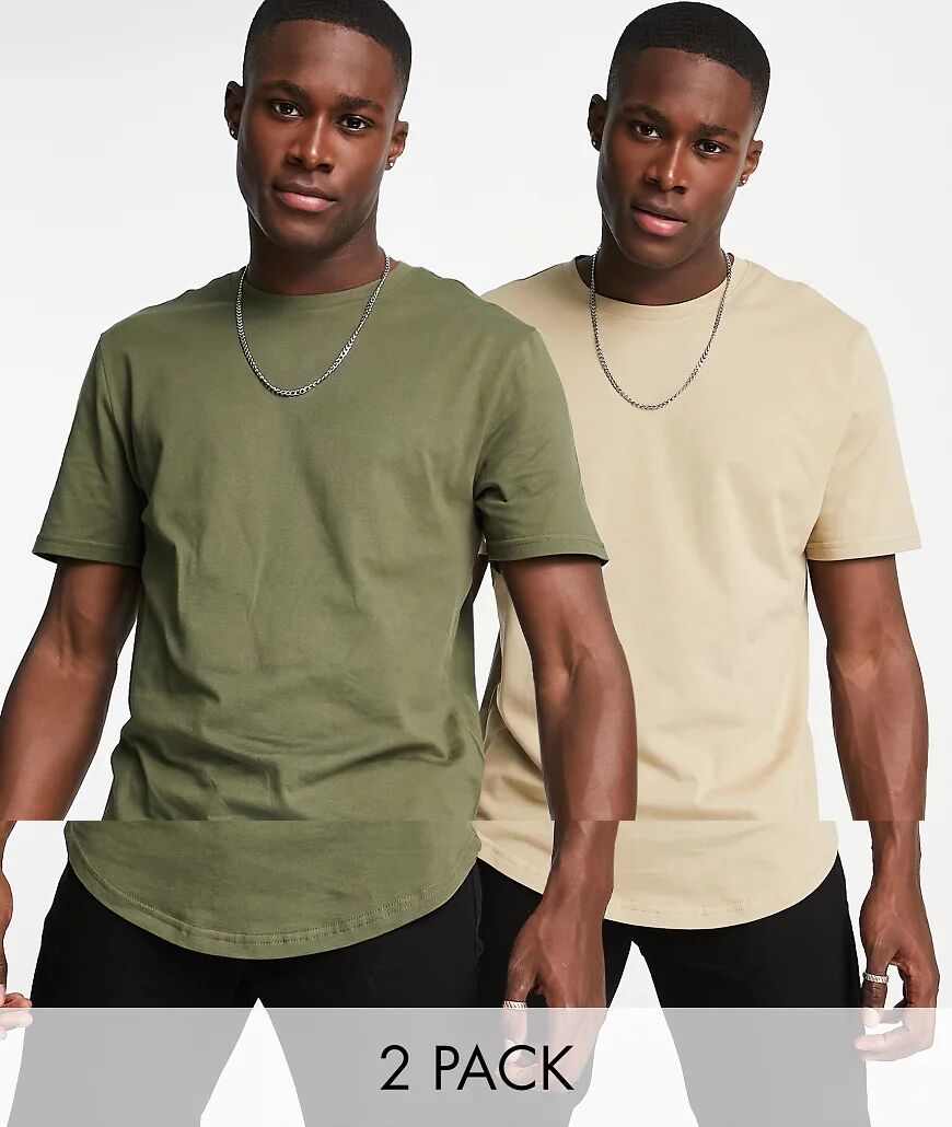 Only & Sons 2 pack longline curved hem t-shirt in beige & khaki-Multi  Multi