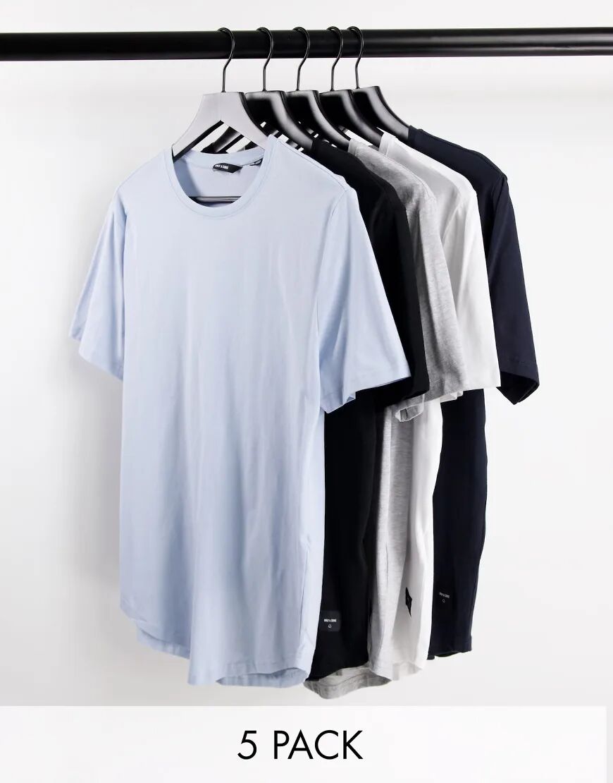 Only & Sons 5 pack longline curve hem t-shirts-Multi  Multi