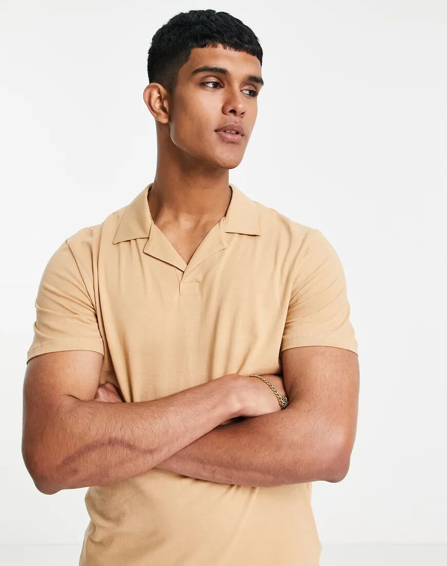 Only & Sons co-ord revere collar polo in tan-Brown  Brown