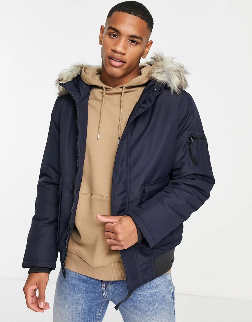 Only & Sons padded short coat with faux fur hood in navy  Navy