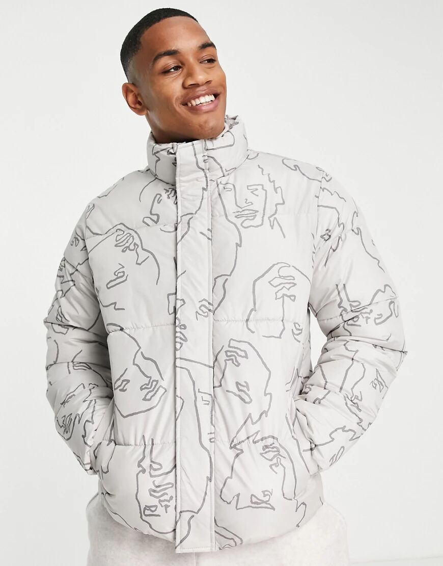 Only & Sons puffer jacket with face outline print in white  White