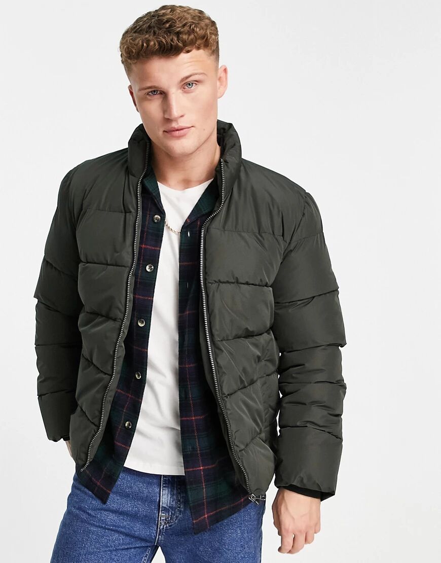 Only & Sons stand collar puffer jacket in khaki-Green  Green