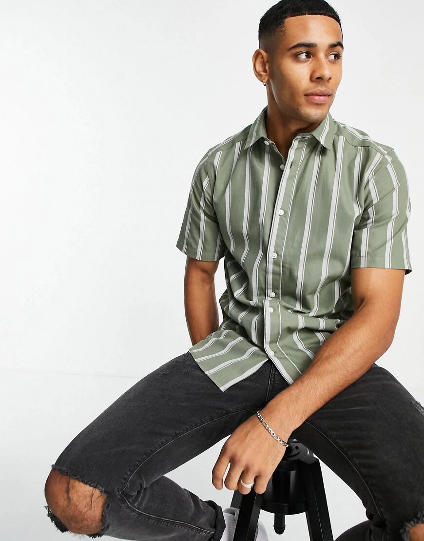 Only & Sons vertical stripe shirt with short sleeves in green  Green
