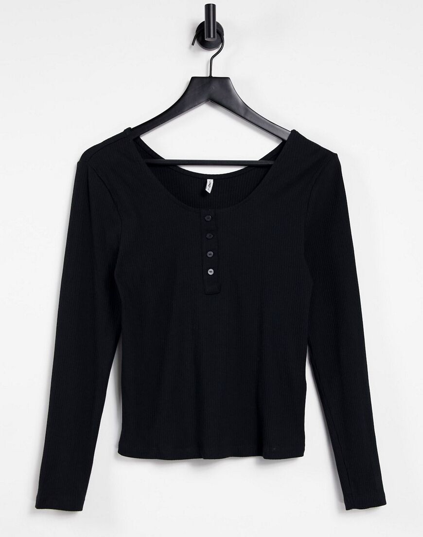 Only t-shirt with scoop neck and button front in black  Black