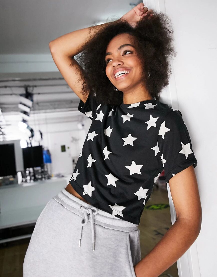 Outrageous Fortune nightwear cropped t shirt in black star print-Multi  Multi