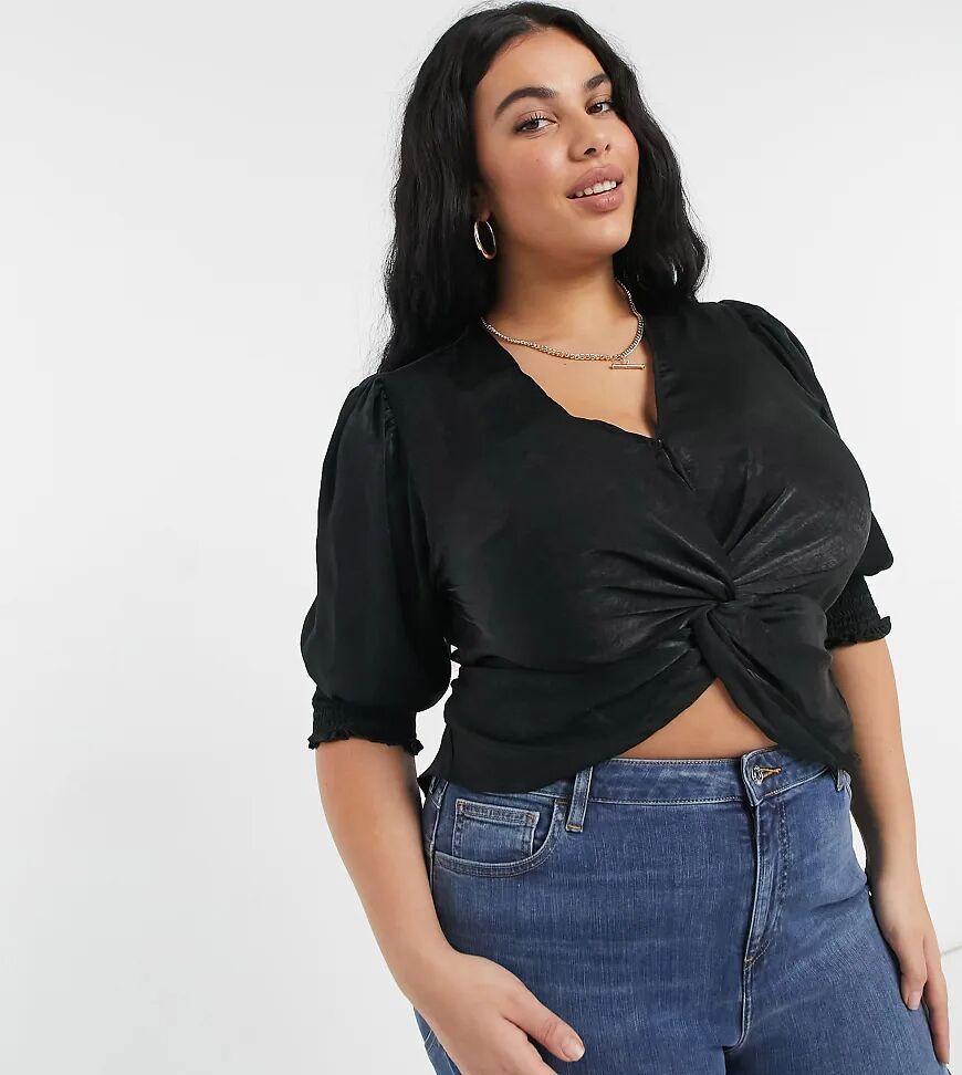 Outrageous Fortune Plus satin knot front shirred sleeve detail crop top in black  Black