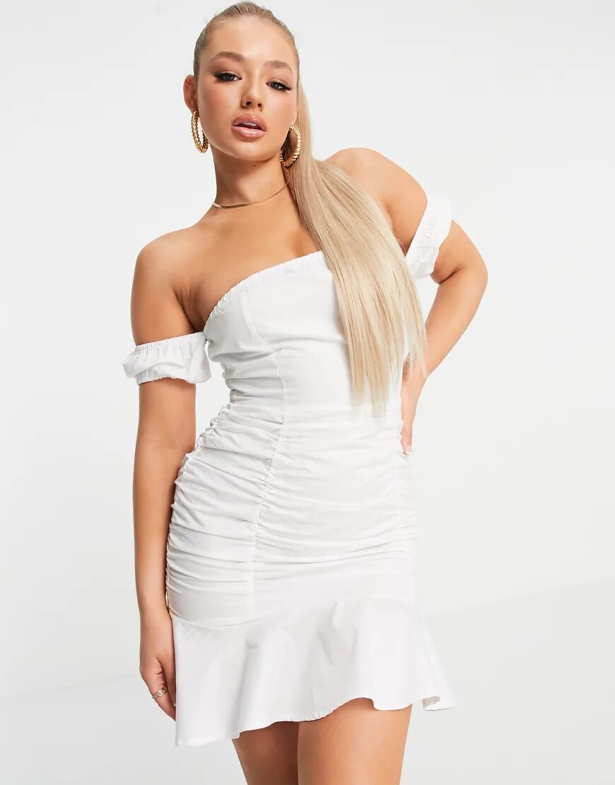 Parisian off shoulder ruched detail mini dress in white  White