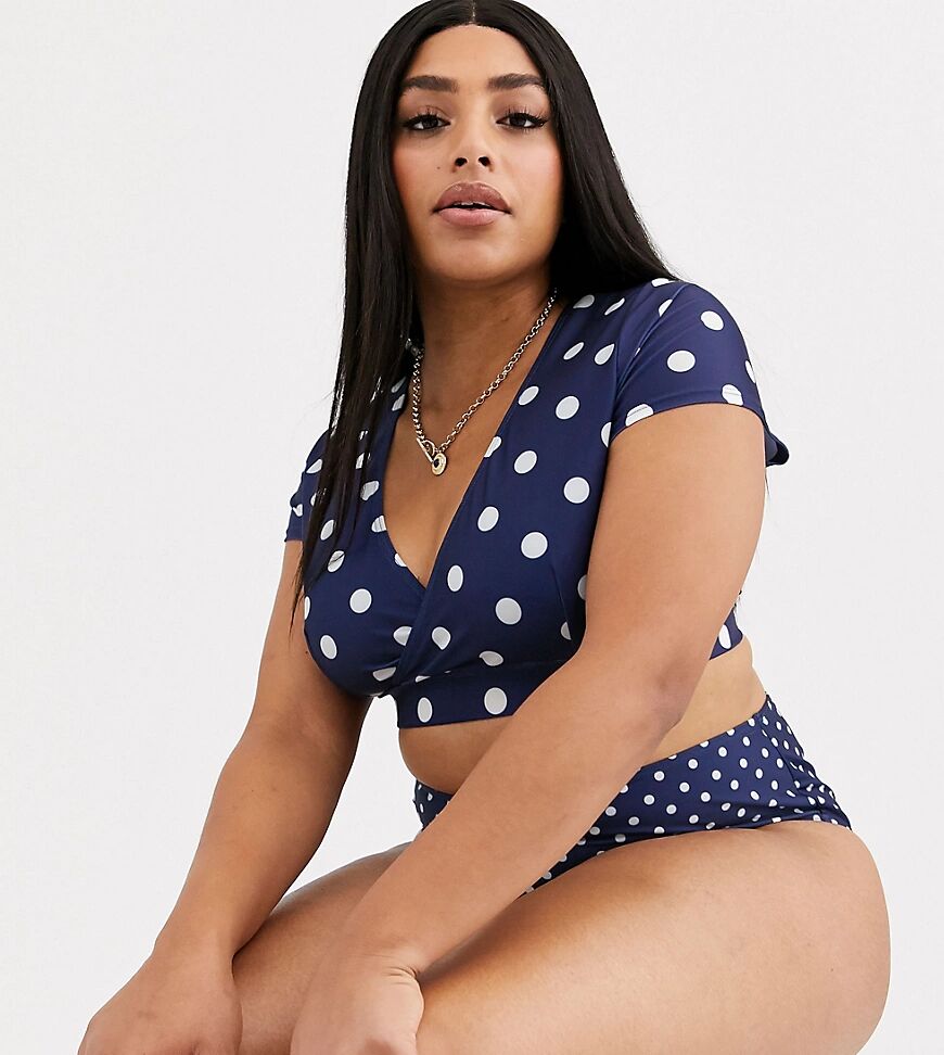 Peek & Beau Curve Exclusive Eco sleeve bikini top in navy polka dot-Multi  Multi