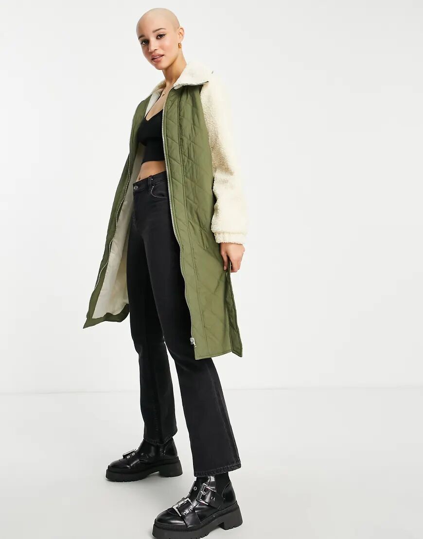 Pieces borg longline quilted jacket in green  Green