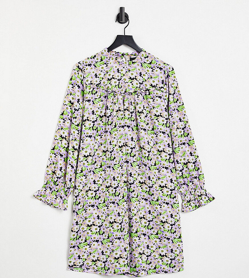 Pieces Plus Pieces Curve high neck smock dress with frill cuffs in purple floral-Multi  Multi