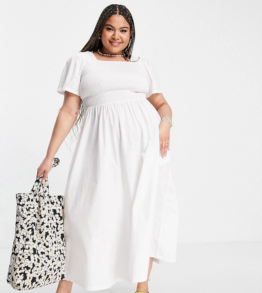 Pieces Plus Pieces Curve organic cotton shirred maxi dress in white  White