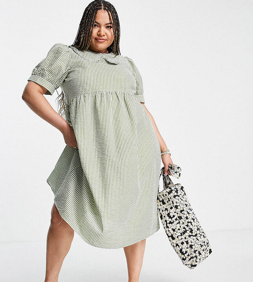 Pieces Plus Pieces Curve puff sleeve midi smock dress in green gingham-Multi  Multi
