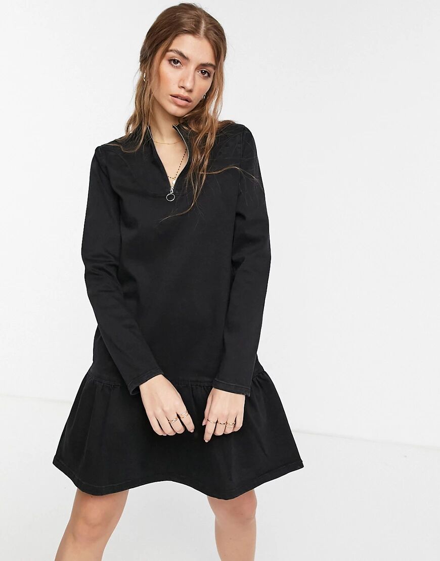 Pieces half zip denim dress with pephem in black  Black