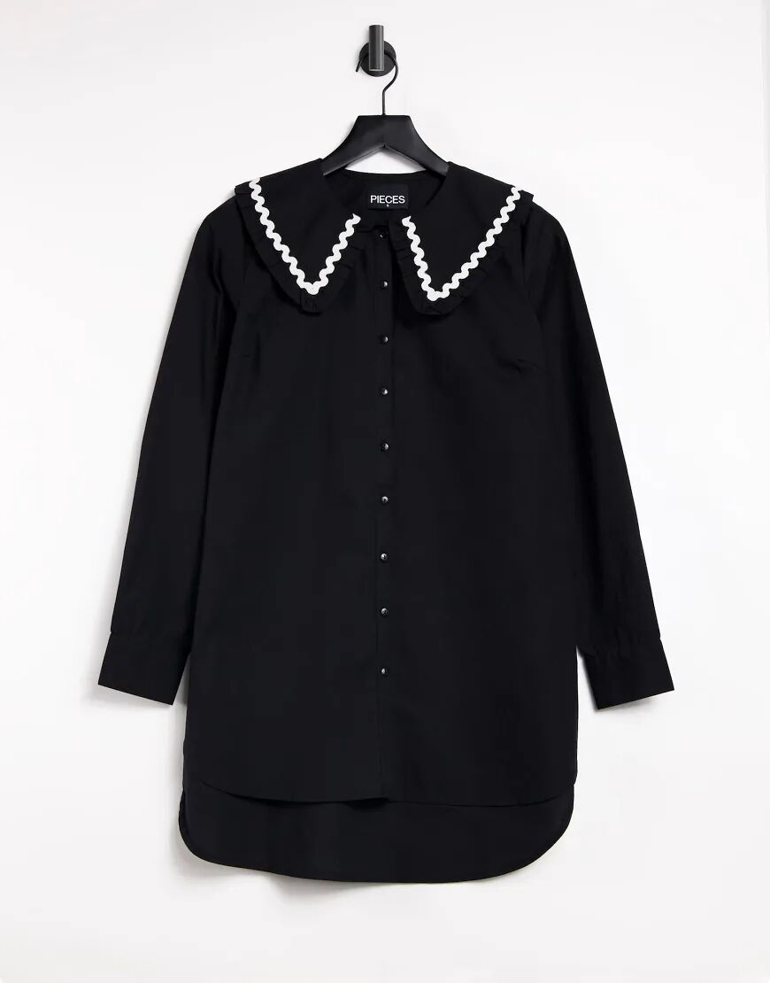 Pieces longline shirt with exaggerated collar in black  Black