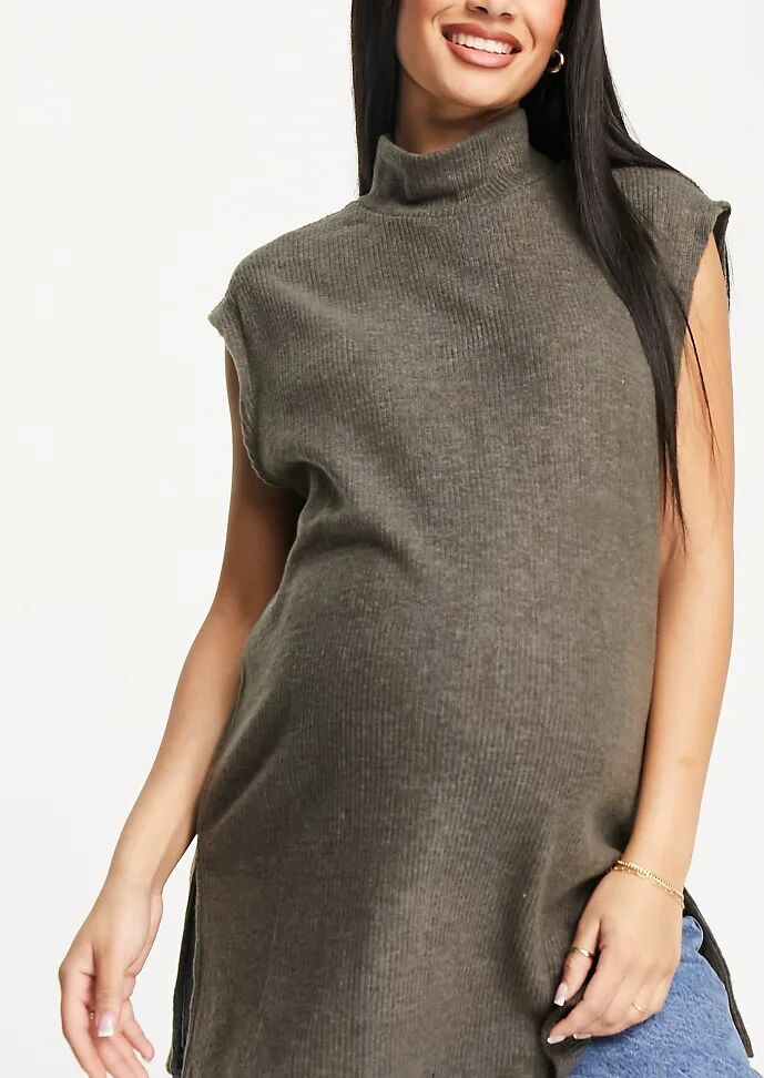 Pieces Maternity high neck longline knitted vest in brown-Black  Black