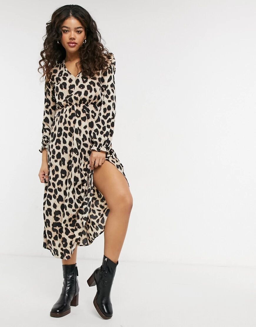 Pieces midi dress with frill shoulder in leopard print-Multi  Multi
