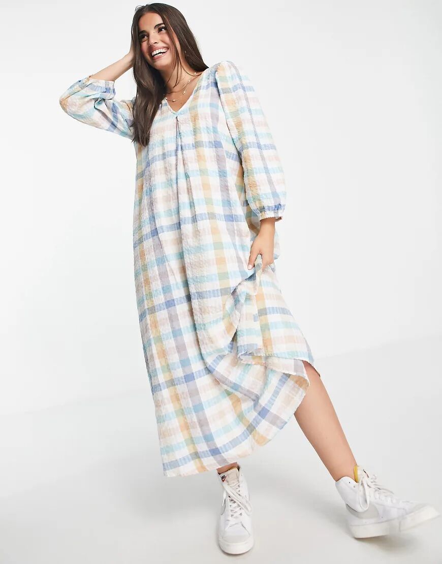 Pieces midi smock dress with puff sleeves in multi check print  Multi