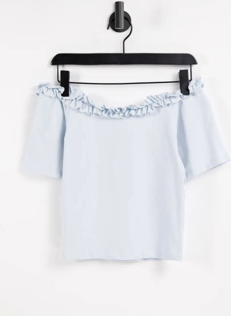 Pieces off the shoulder t-shirt with frill neckline in pastel blue  Blue