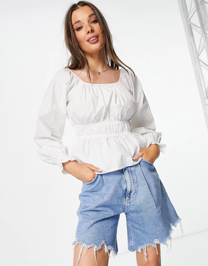 Pieces organic cotton poplin shirred detail blouse in white  White