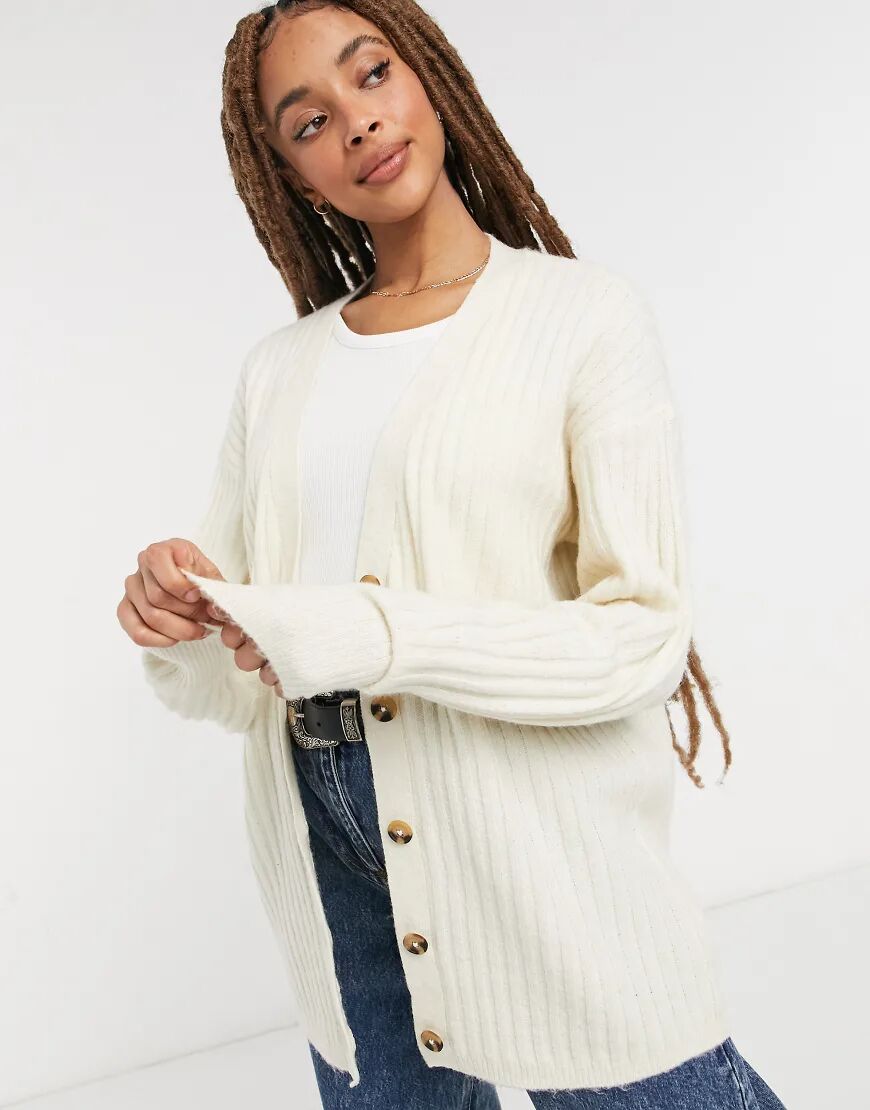 Pieces ribbed longline cardigan in cream-White  White