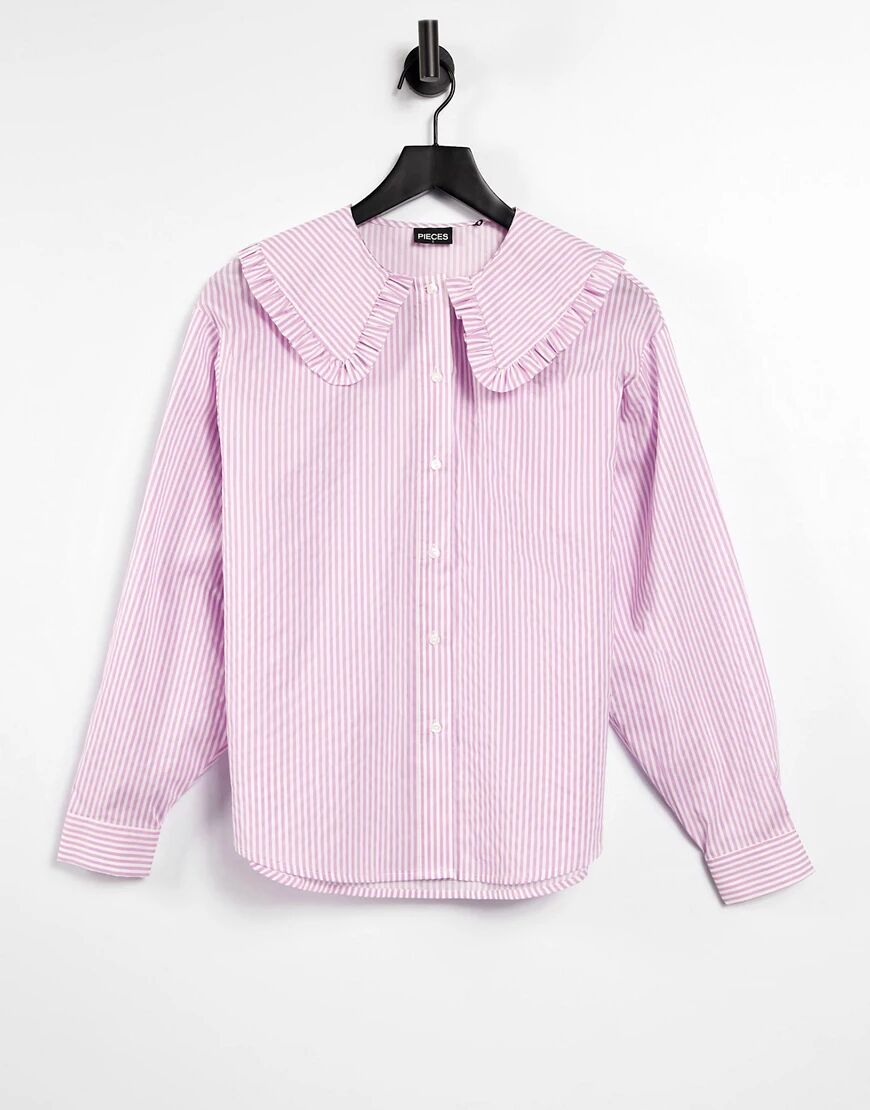 Pieces shirt with exaggerated frill collar in lilac stripe-Purple  Purple