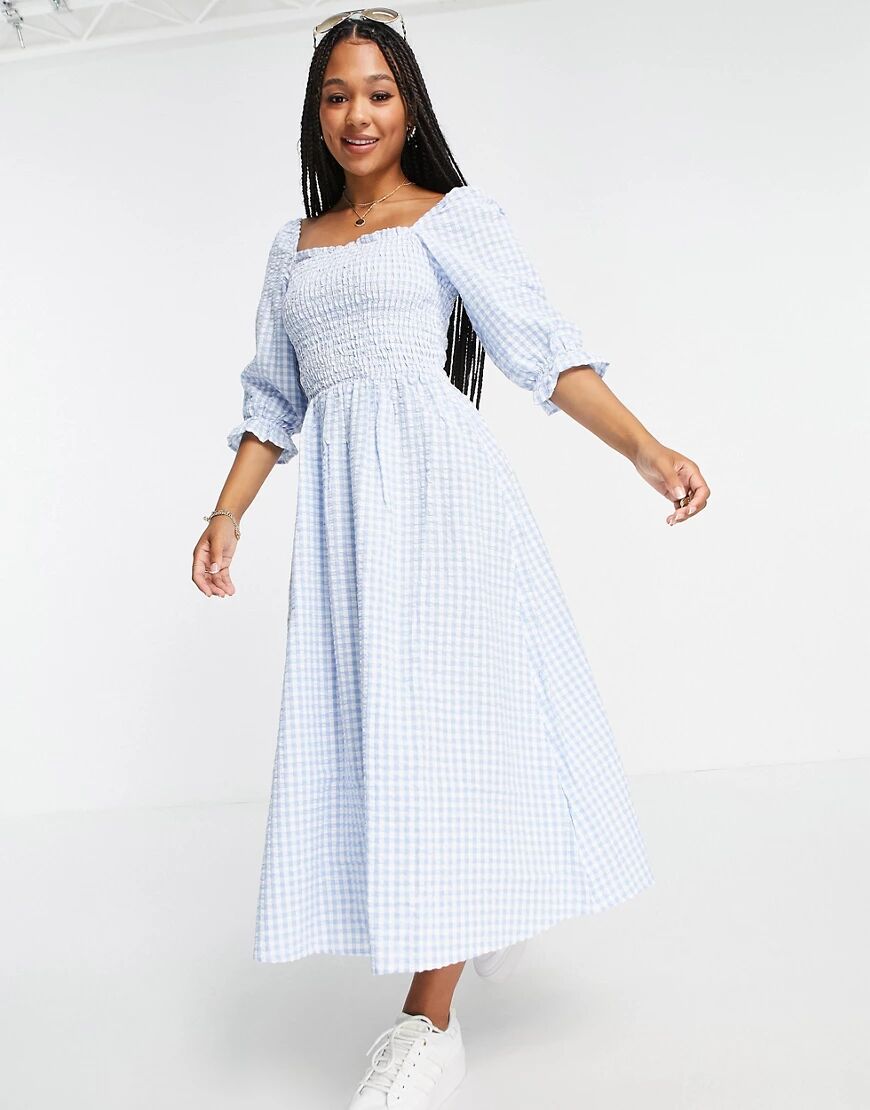 Pimkie midi tea dress with shirring in blue check  Blue