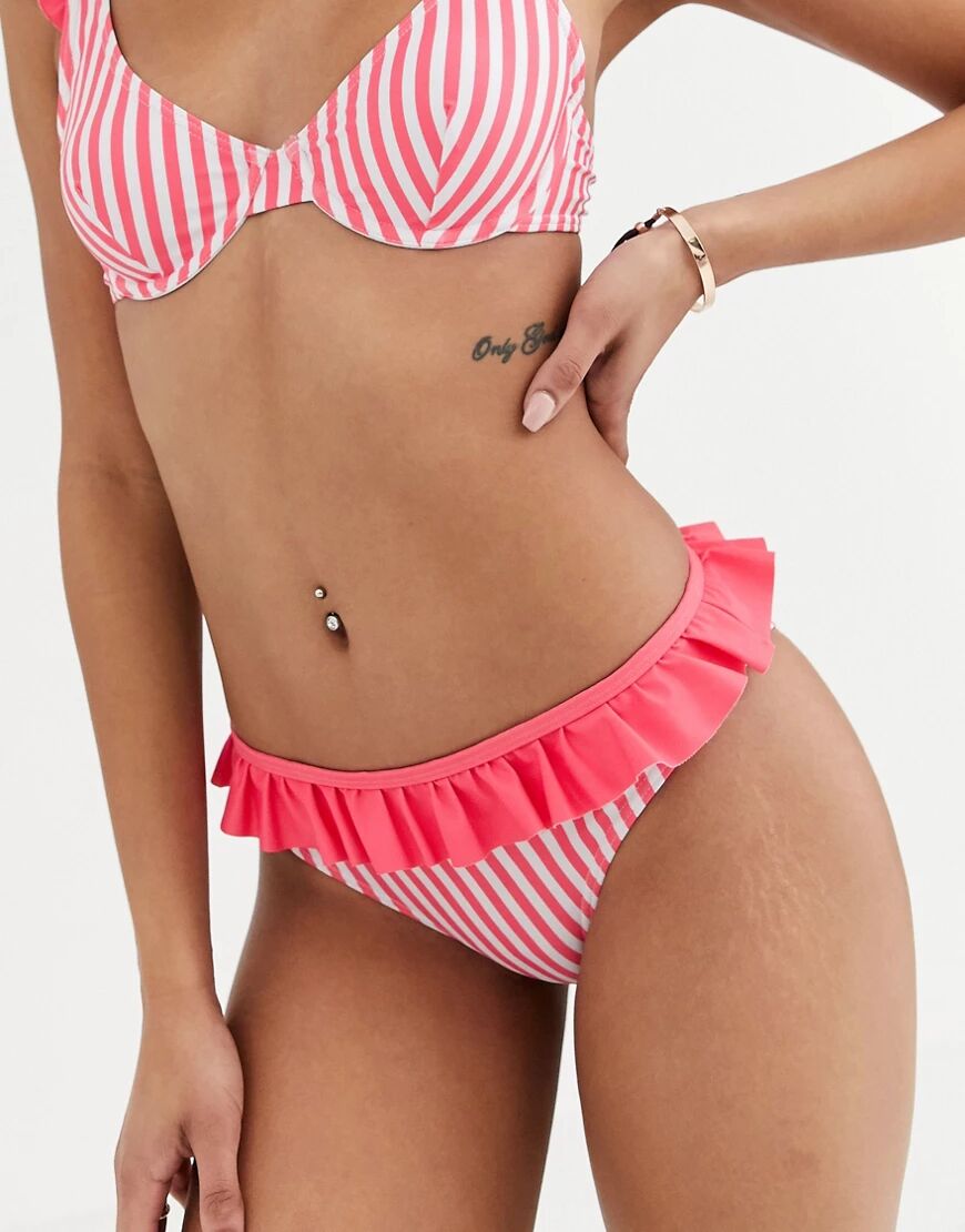 Playful Promises High Waist High Leg Striped Bikini Bottom With Waist Frill-Pink  Pink