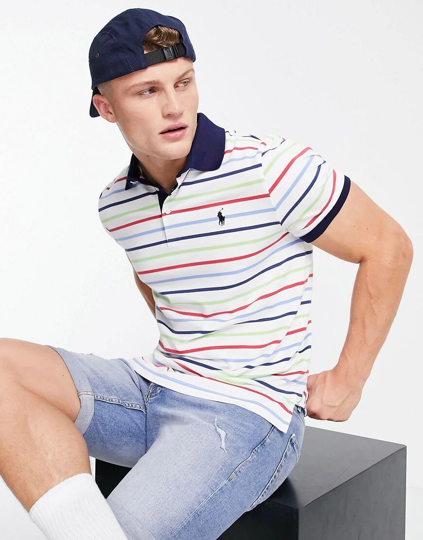 Polo Ralph Lauren Golf icon logo yarn dyed stripe performance pique polo in white multi  White