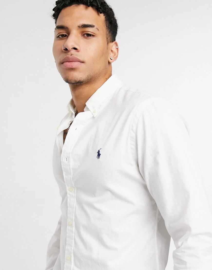 Polo Ralph Lauren player logo garment dyed chino shirt slim fit button down in white  White