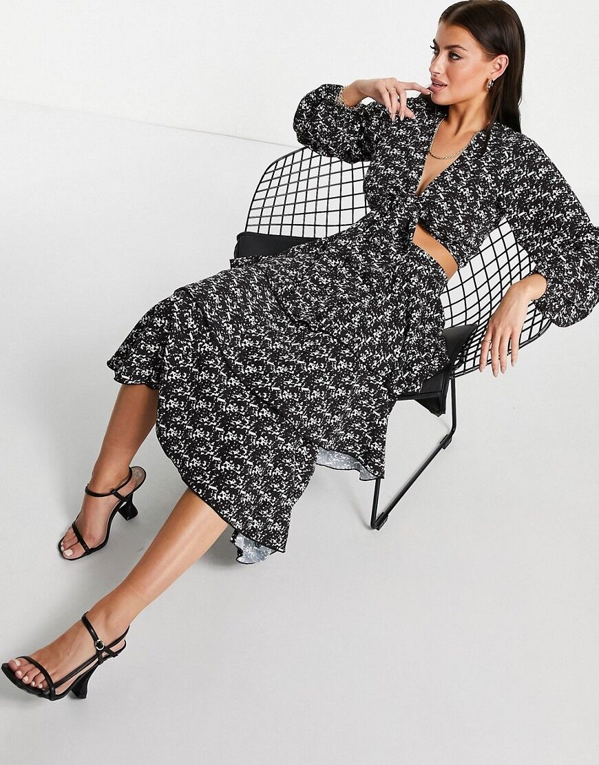 Pretty Lavish Ashton tiered midi skirt co-ord with split in abstract print-Black  Black