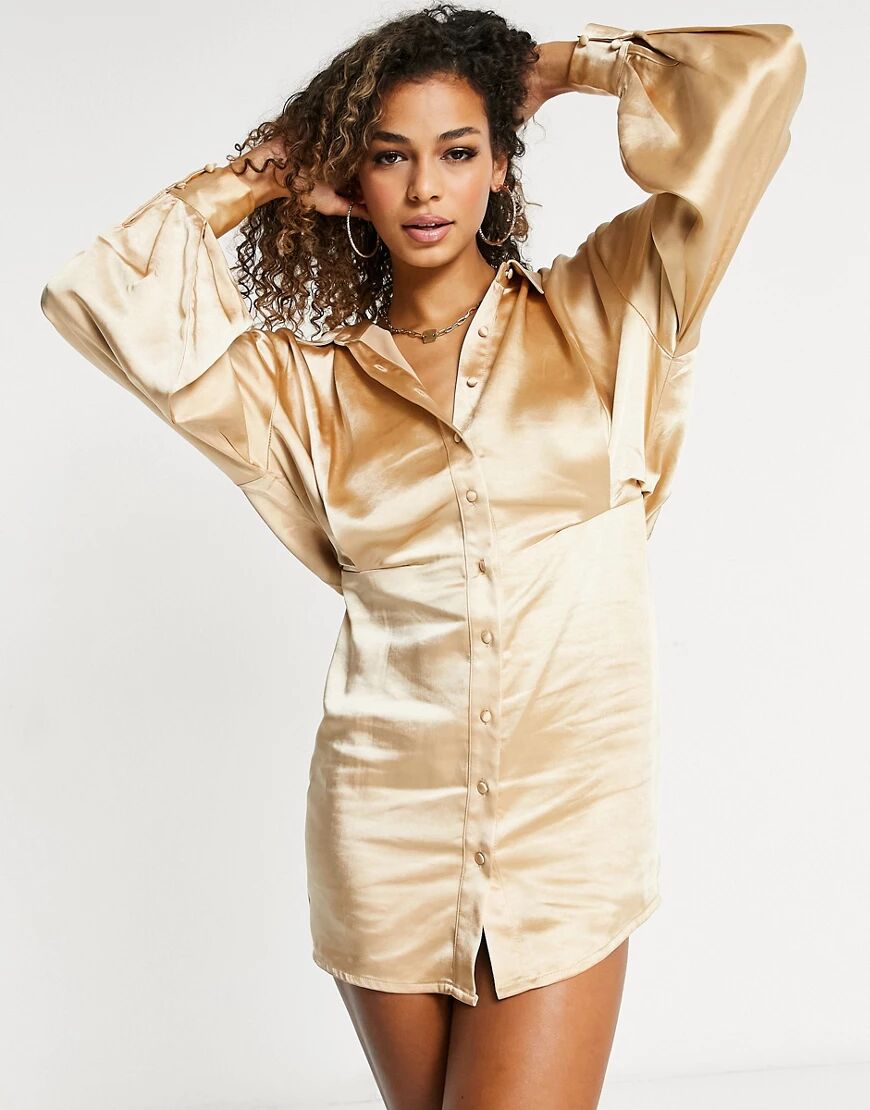 Pretty Lavish button up shirt mini dress with volume sleeve in peach gold  Gold