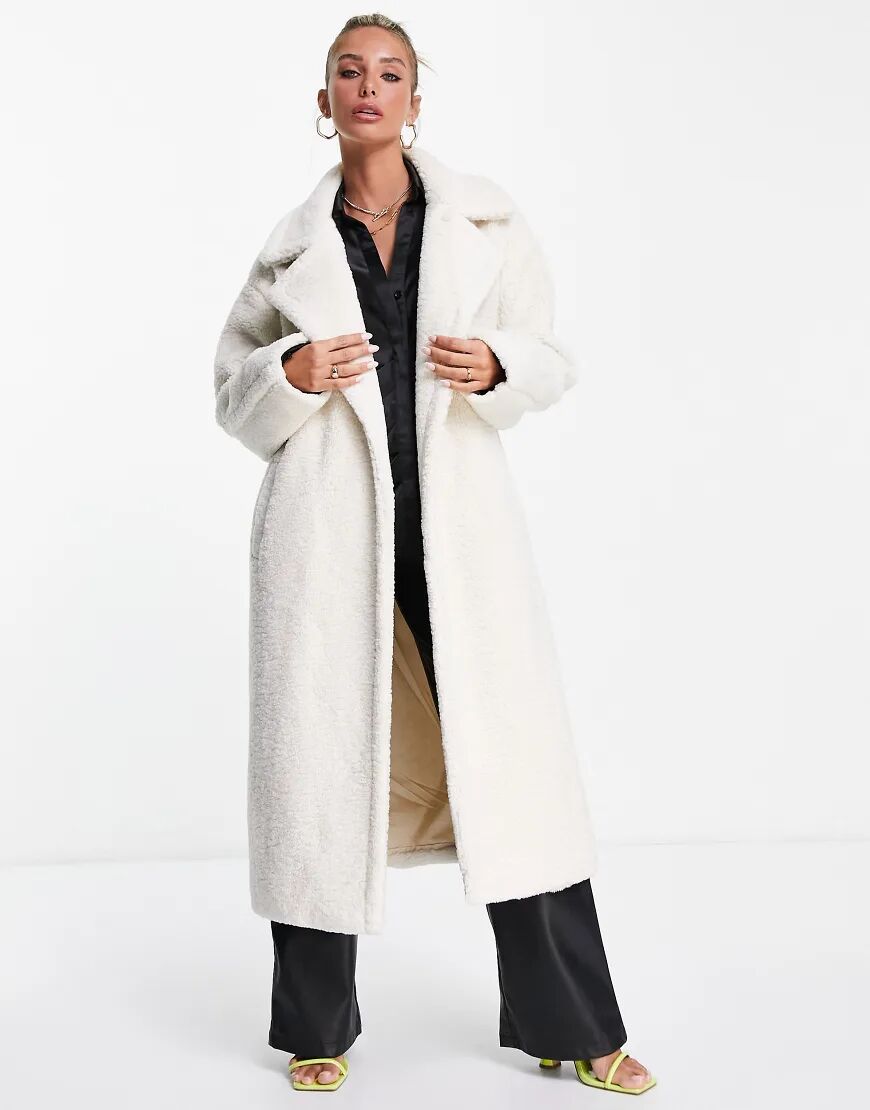 Pretty Lavish oversized wrap tie boucle teddy coat in cream-White  White