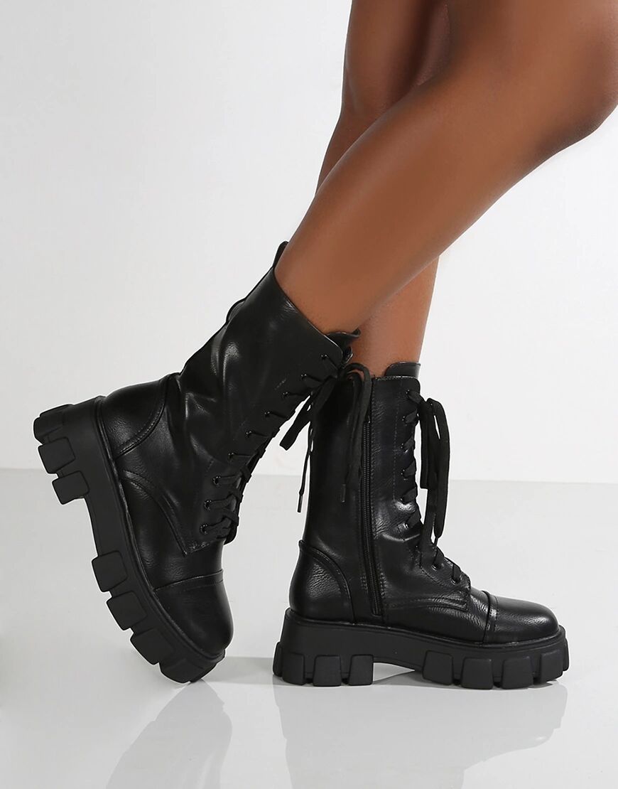 Public Desire Intention chunky lace up boots with removeable pouch in black  Black