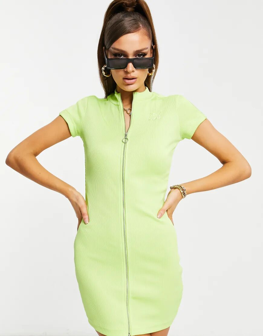 Puma classics ribbed tight short sleeve dress in green  Green