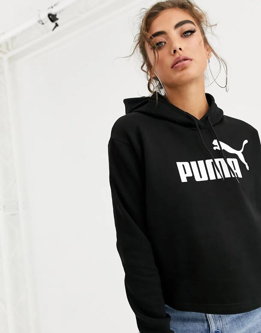 Puma Essentials+ black logo cropped hoodie  Black