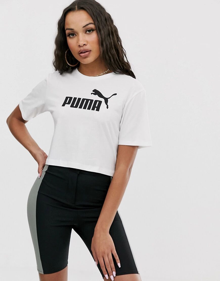 Puma Essentials cropped logo t-shirt in white  White