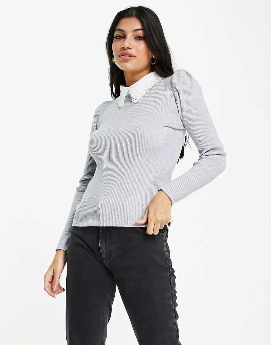 QED London puff sleeve jumper with lace collar in grey  Grey