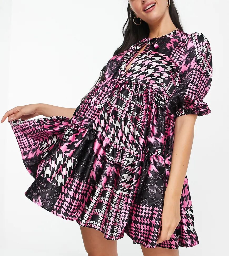 Queen Bee exclusive plunge front tiered mini skater dress in pink houndstooth print-Multi  Multi