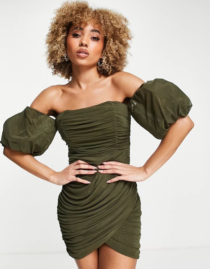 Rare London gathered mesh mini dress with puff sleeves in khaki-Green  Green