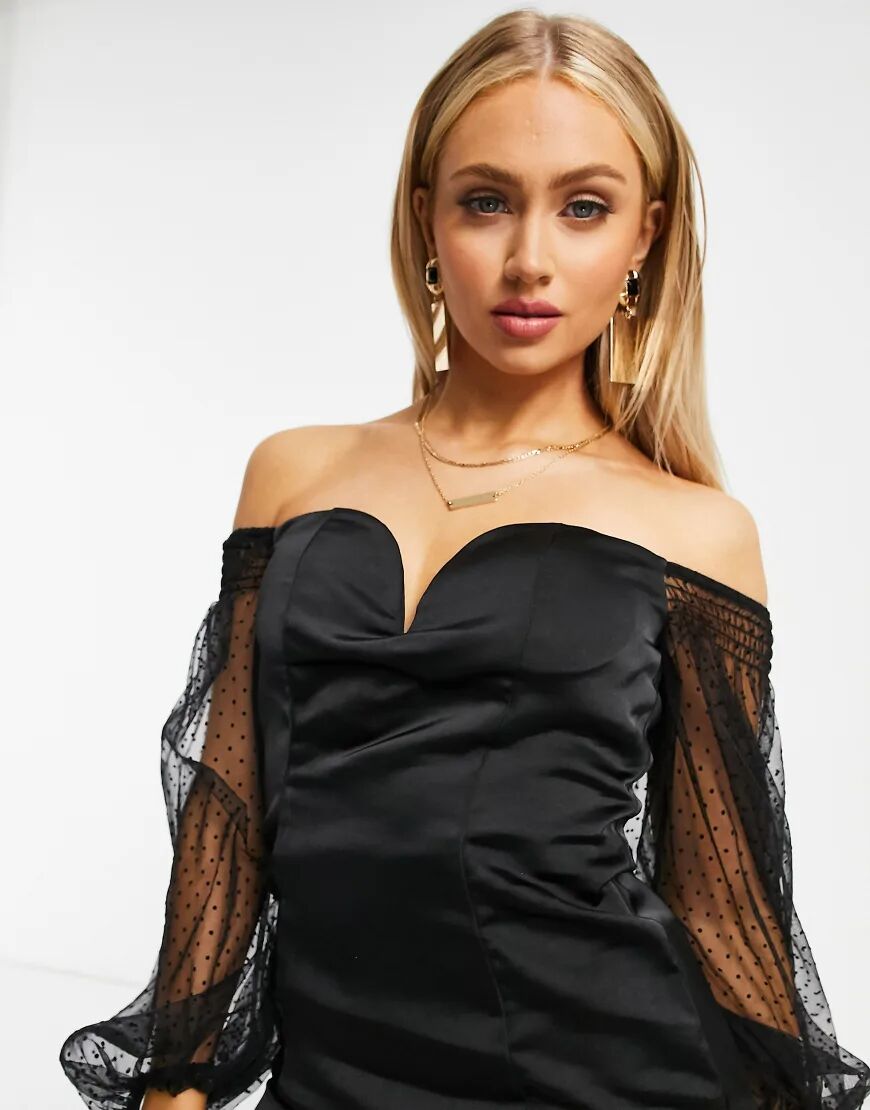 Rare London plunge organza sleeve satin mini dress in black  Black