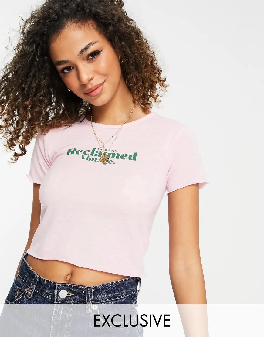 Reclaimed Vintage inspired crop fitted t-shirt in pink with with lettuce hem  Pink