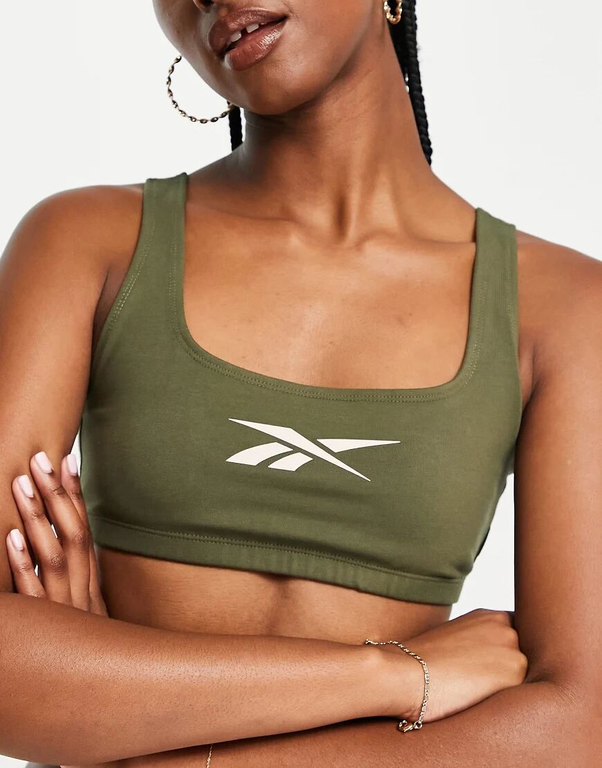 Reebok large log bralette in dark khaki-Green  Green